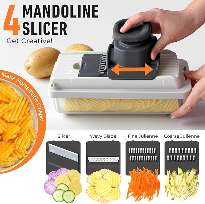 Mueller Vegetable Chopper Mandoline Slicer, Food Veggie Chopper, Cheese Grater, Onion Vegetable Cutter with Container, Dicer, Kitchen Gadgets & Essentials, White Sand/Grey