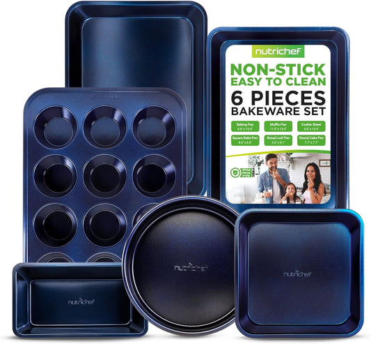 NutriChef Non-Stick Kitchen Oven Baking Pans - Carbon Steel with Non-Stick Blue Diamond Coating Inside & Outside, Commercial Grade Restaurant Quality Metal Bakeware, Dishwasher Safe - NCBK6TRB