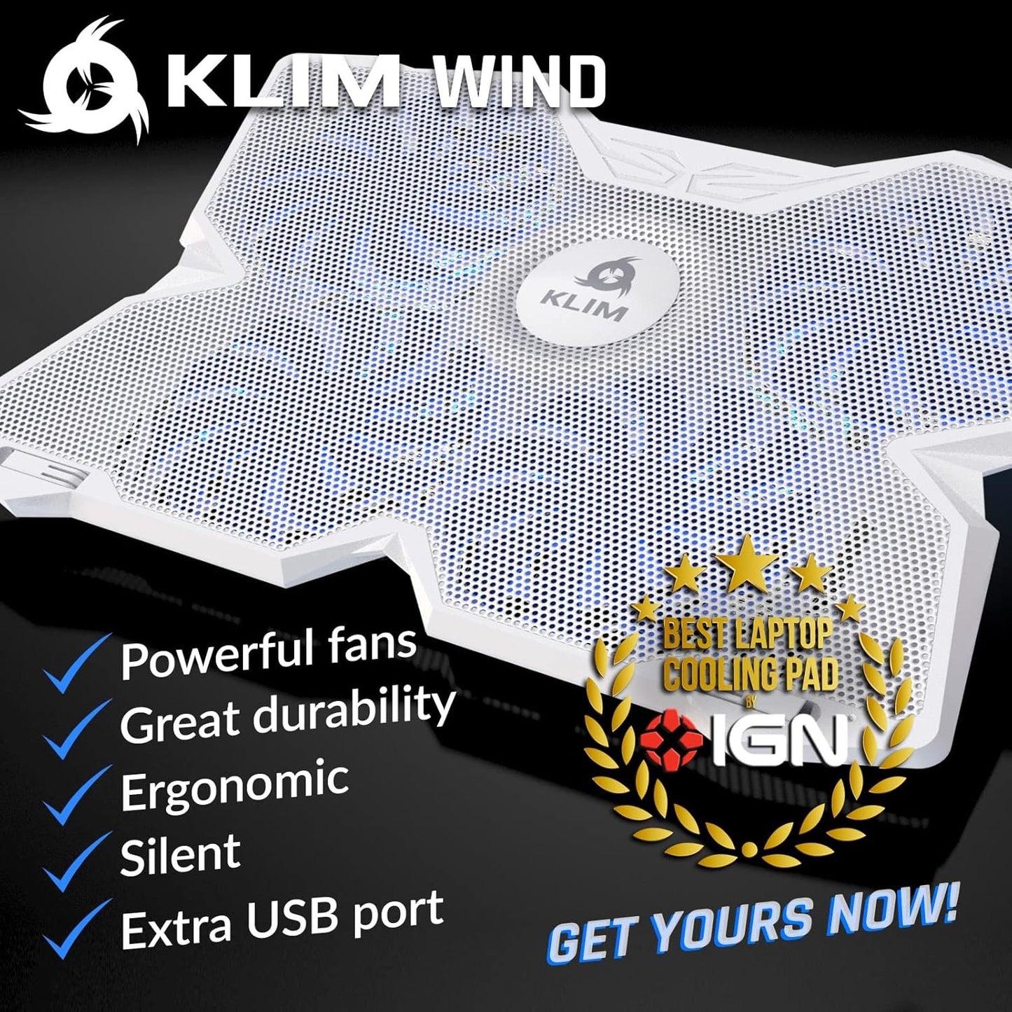 KLIM Wind Laptop Cooling Pad - More Than 500 000 Units Sold - New Version - The Most Powerful Rapid Action Cooling Fan - Laptop Stand with 4 Cooling Fans at 1200 RPM - USB Fan - PS5, PS4 - Full White