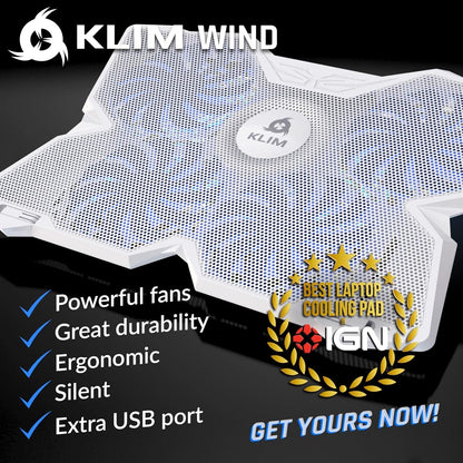 KLIM Wind Laptop Cooling Pad - More Than 500 000 Units Sold - New Version - The Most Powerful Rapid Action Cooling Fan - Laptop Stand with 4 Cooling Fans at 1200 RPM - USB Fan - PS5, PS4 - Full White
