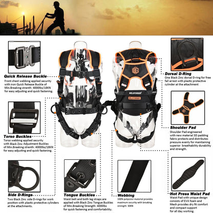 WELKFORDER 3 D-Rings Premium Industrial Fall Protection Safety Harness Iron Torso Adjustment Buckles, Iron Quick Release Buckles | Waist & Shoulder Pad Support CSA＆ANSI Compliant Full Body PPE