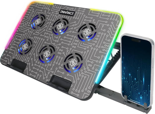 ENHANCE Voltaic 2 Laptop Cooling Stand - Laptop Cooling Pad with 6 Blue LED Fans, 7 Height Settings, RGB Lighting - Laptop Cooling Pad with Metal Surface and Phone Stand for 17 Inch Laptops
