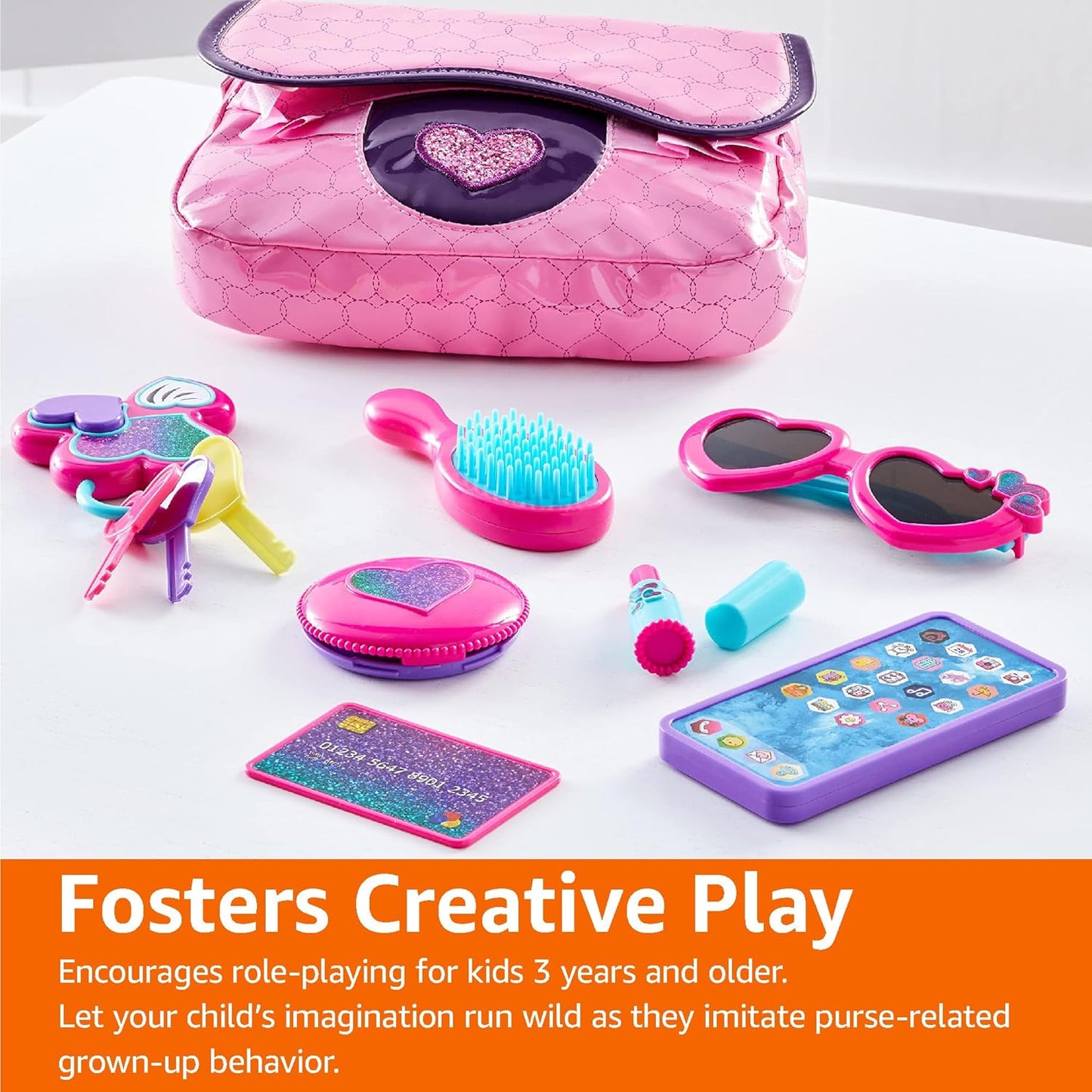 Amazon Basics Pretend Play Purse Toy For Kids Ages 3 and Up, Handbag Including Smartphone, Sunglasses, Makeup Compact, Keys and Credit Card, 8-Piece Set, Pink