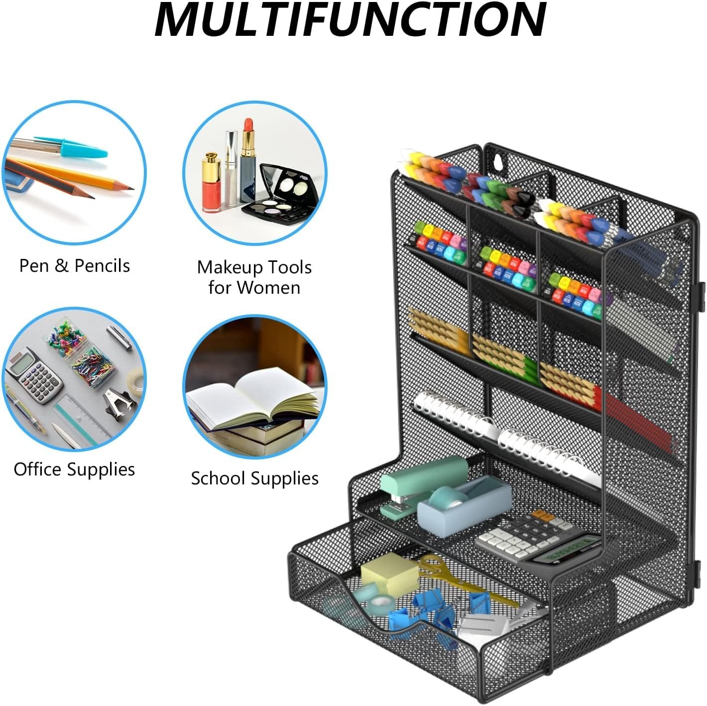 BOHDK Pen Organizer for Desk, Multi-Functional Desk Organizer, Hanging Wall Pen Holder with Drawer for School, Office, Home, Art Supplies, Black