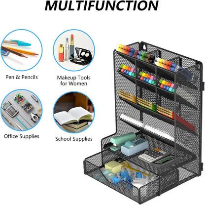 BOHDK Pen Organizer for Desk, Multi-Functional Desk Organizer, Hanging Wall Pen Holder with Drawer for School, Office, Home, Art Supplies, Black