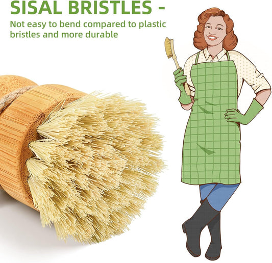 Bamboo Dish Scrub Brushes by Subekyu, Kitchen Wooden Cleaning Scrubbers Set for Washing Cast Iron Pan/Pot, Natural Sisal Bristles, Set of 3