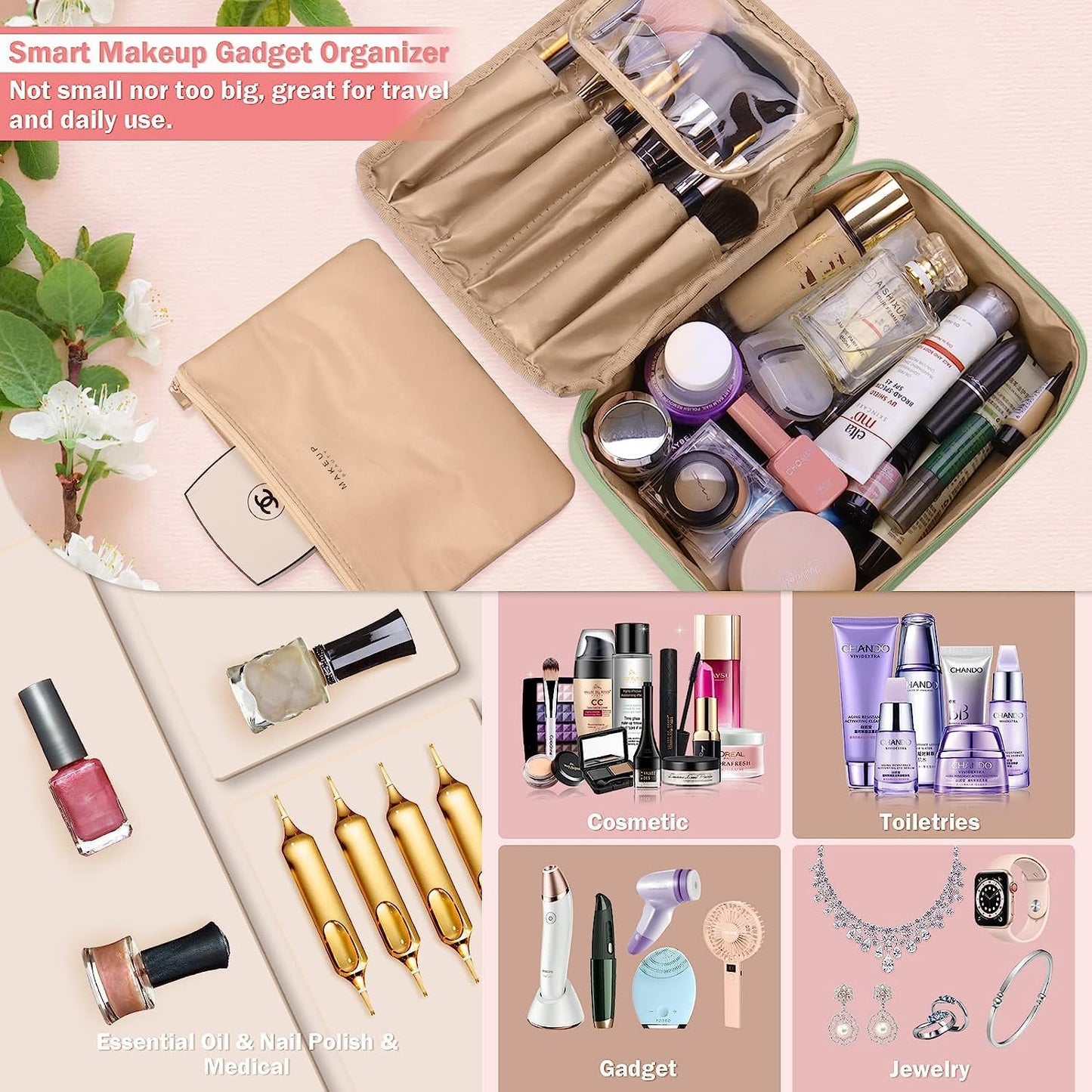 Makeup Bag, Makeup Bag, Travel Beauty Case Women Toiletry Bag, Cosmetic Organizer for Women and Girls[With Brush Holder and Detachable Pouch], green, Makeup Bag