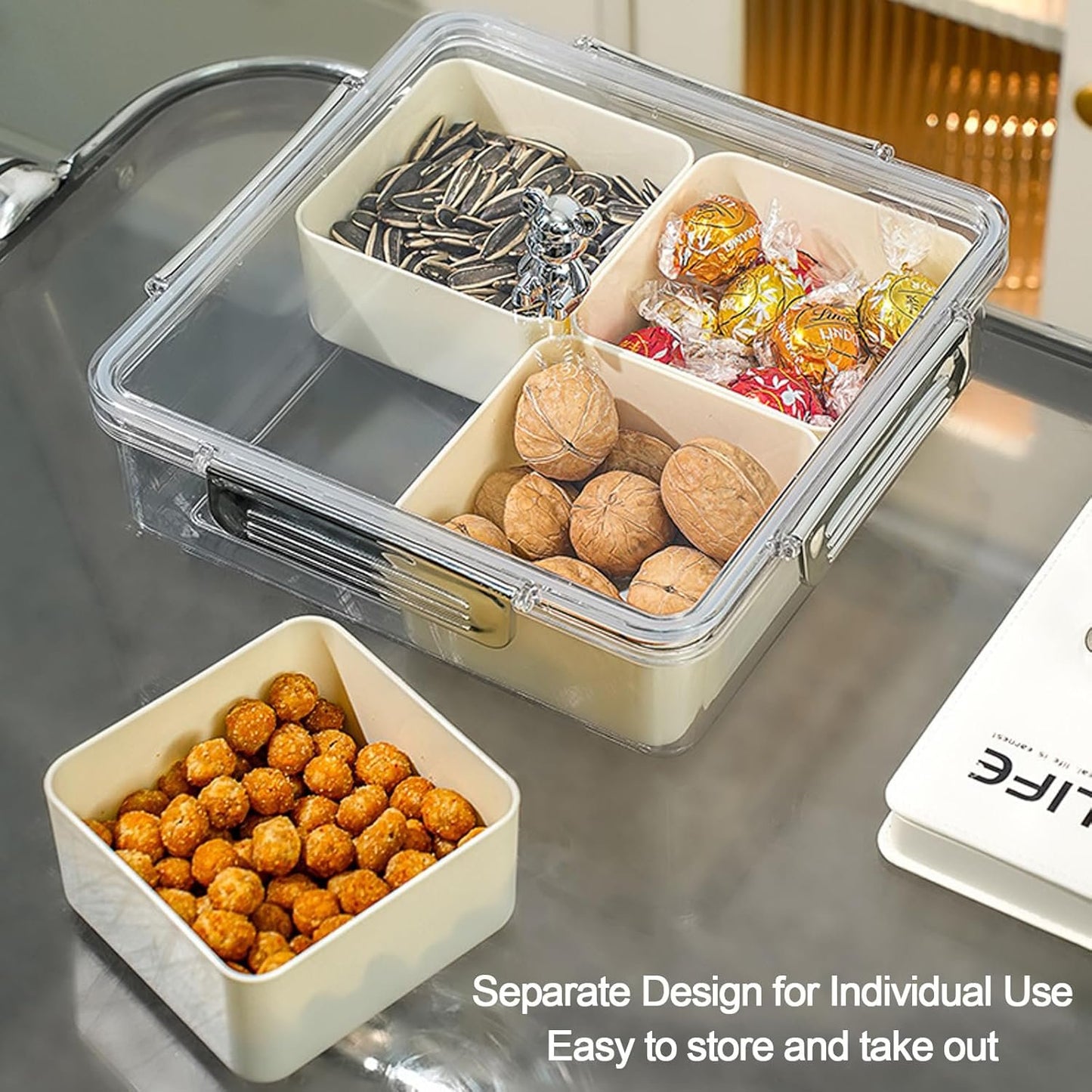 Famiredo Food Storage Organizer with Lid, Divided Serving Tray with 4 or 5 Removable Boxes, Stackable Refrigerator Organizer Bins Produce Saver for Meal Prep (Square)