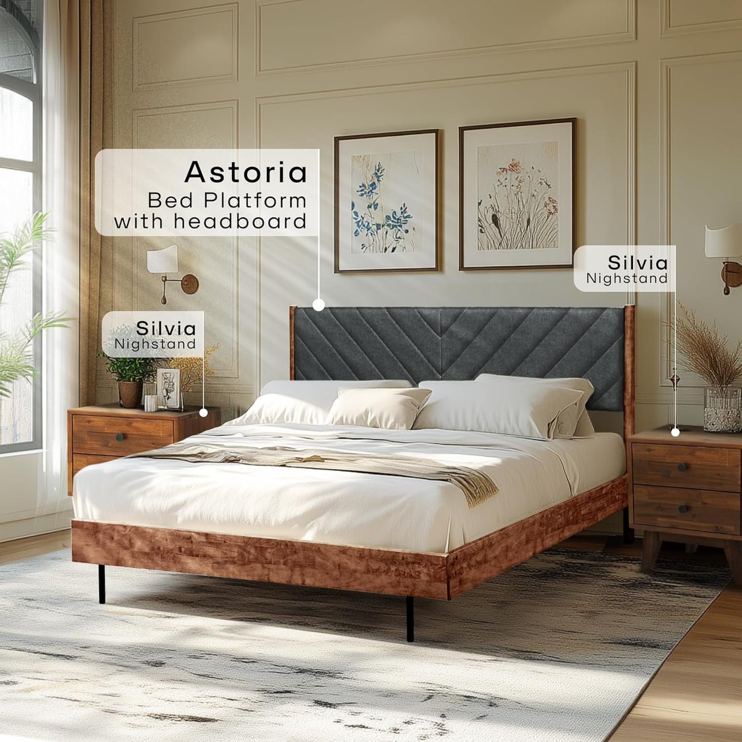 Acacia Astoria Solid Wood Upholstered Bed Frame, King Platform Bed Frame with Headboard, Elegant Design, Durable Construction for Luxurious Comfort, Walnut