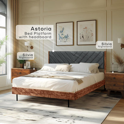 Acacia Astoria Solid Wood Upholstered Bed Frame, King Platform Bed Frame with Headboard, Elegant Design, Durable Construction for Luxurious Comfort, Walnut