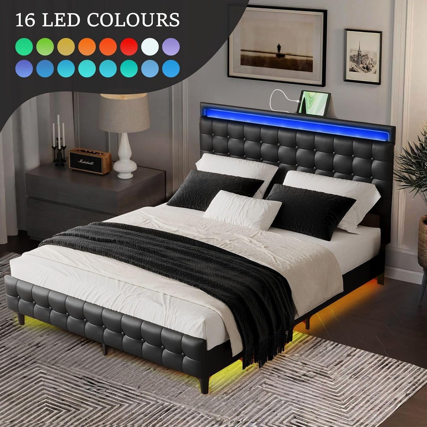 Luxsuite Queen Size Bed Frame Metal Mattress Base Wooden Platform Foundation with PU Leather Headboard BedHead Sleep Bedroom Furniture Black