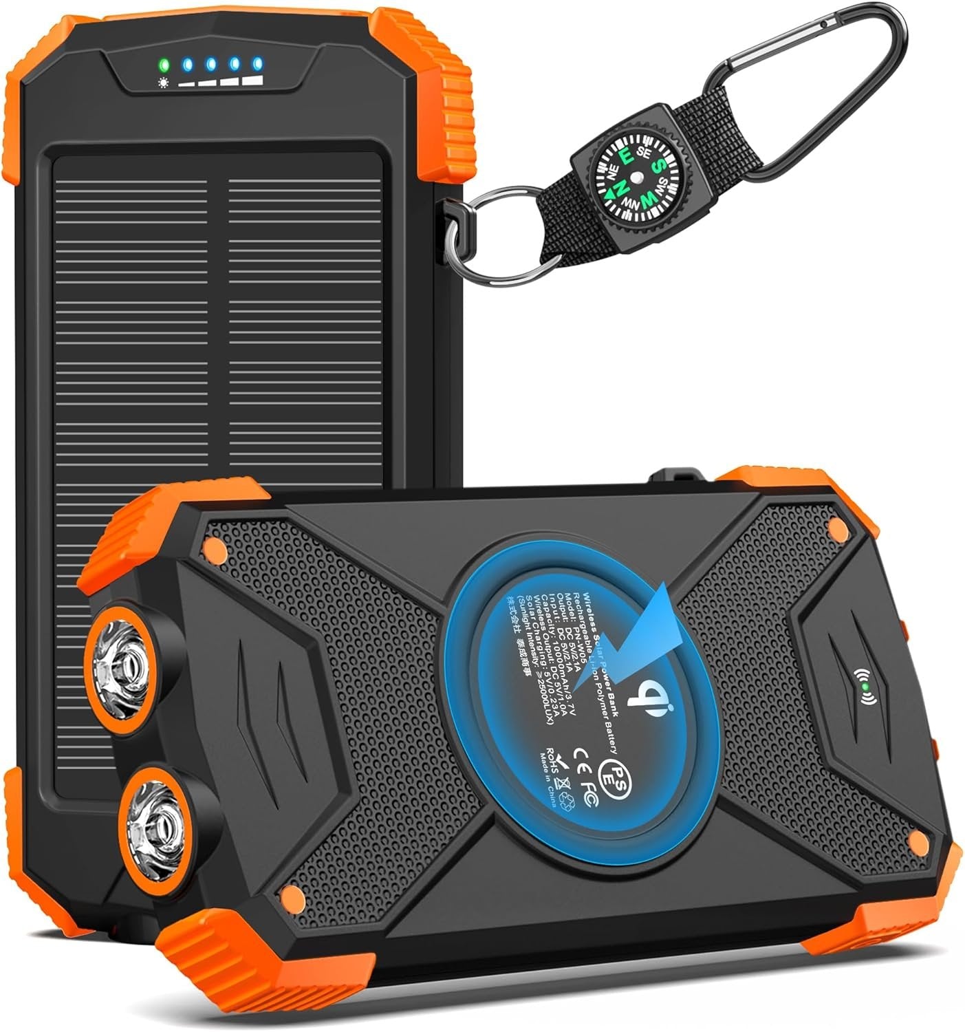 Solar Power Bank, Qi Portable Charger 10,000mAh External Battery Pack Type C Input Port Dual Flashlight, Compass (IPX4 Splashproof, Dustproof, Shockproof, Solar Panel Charging, DC5V/2.1A Input)