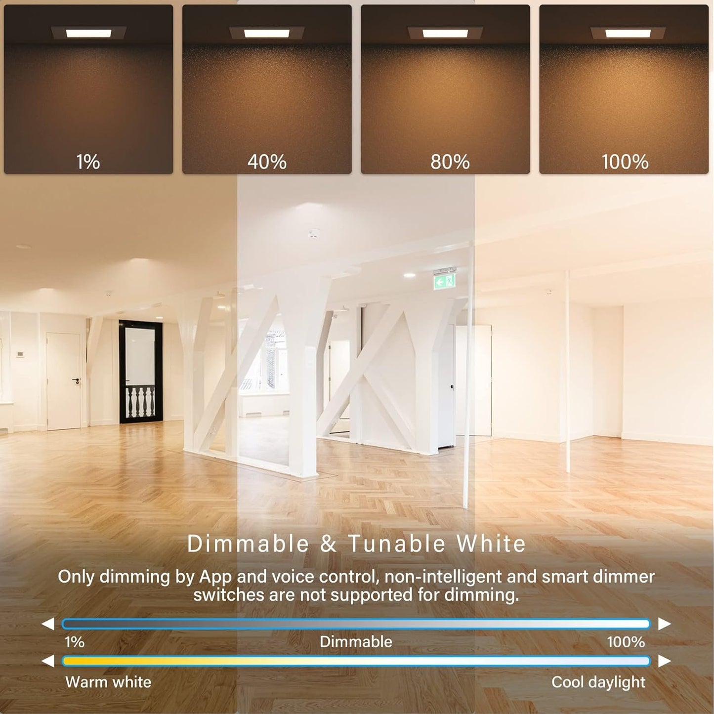 JULLISON 6" LED Smart Slim Recessed Pot Light, Square, WiFi APP & Voice Control, 120V, 13W, 1000LM, RGB + 2700K-6000K, ETL & FCC & IC Rated, Wet Location, Works With Alexa/Google Home, White - 4 Packs