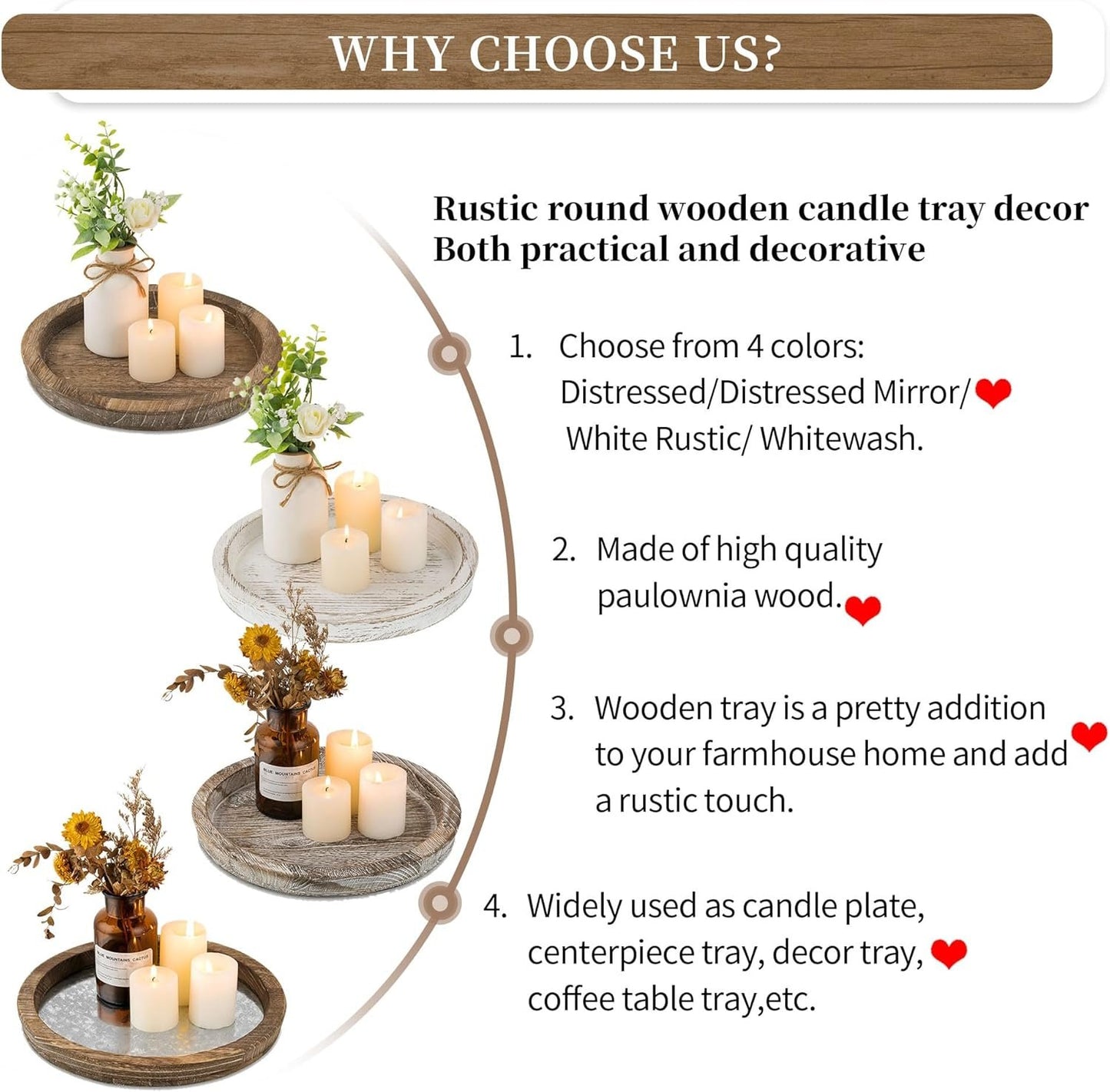 Hanobe Candle Plate Holder Tray: Round Wooden Decorative Candle Plate Small Farmhouse Table Centerpiece Rustic White Wood Tealight Pillar Trays for Christmas Wedding Halloween Home Decor