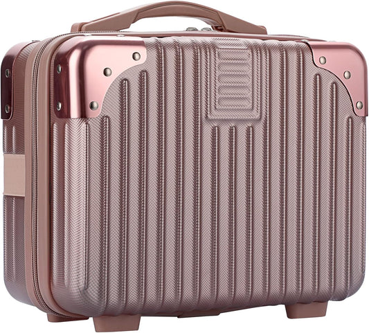 BSTKEY Portable Hard Shell Cosmetic Travel Case, Small Travel Hand Luggage with Elastic Band, Mini ABS Carrying Makeup Case Suitcase, Rose Gold