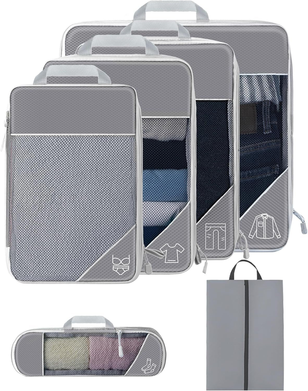 Koncle Compression Packing Cubes for Suitcases, Extensible Travel Packing Cubes, Mesh Luggage Suitcase Organizer Bags, Large Medium Small Slim Packing Cube, Travel Suitcase Accessories