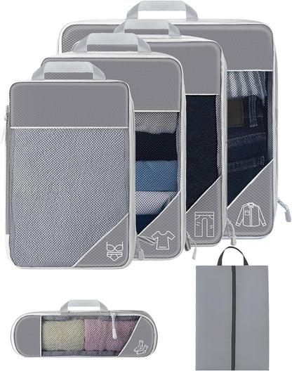 Koncle Compression Packing Cubes for Suitcases, Extensible Travel Packing Cubes, Mesh Luggage Suitcase Organizer Bags, Large Medium Small Slim Packing Cube, Travel Suitcase Accessories