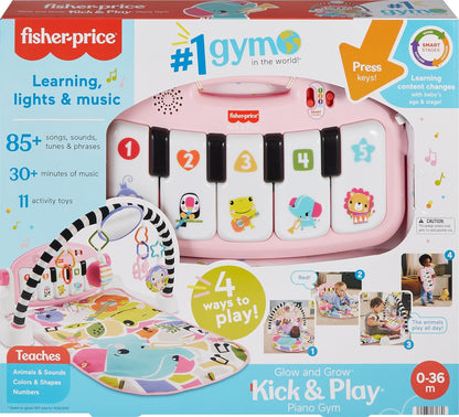 Fisher-Price Baby Activity Mat Glow and Grow Kick & Play Piano Gym, Portable Musical Toy with Smart Stages Learning, Ages 0+ Months, Pink, Queens English Version