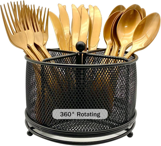 DysanVica 360Â° Rotating Metal Utensil Caddy - 4 Compartment Silverware Cutlery Holder Rotation Fork Spoon Napkin Organizer Flatware Storage Basket Party Countertop Buffet Picnic Camping Outdoor Black