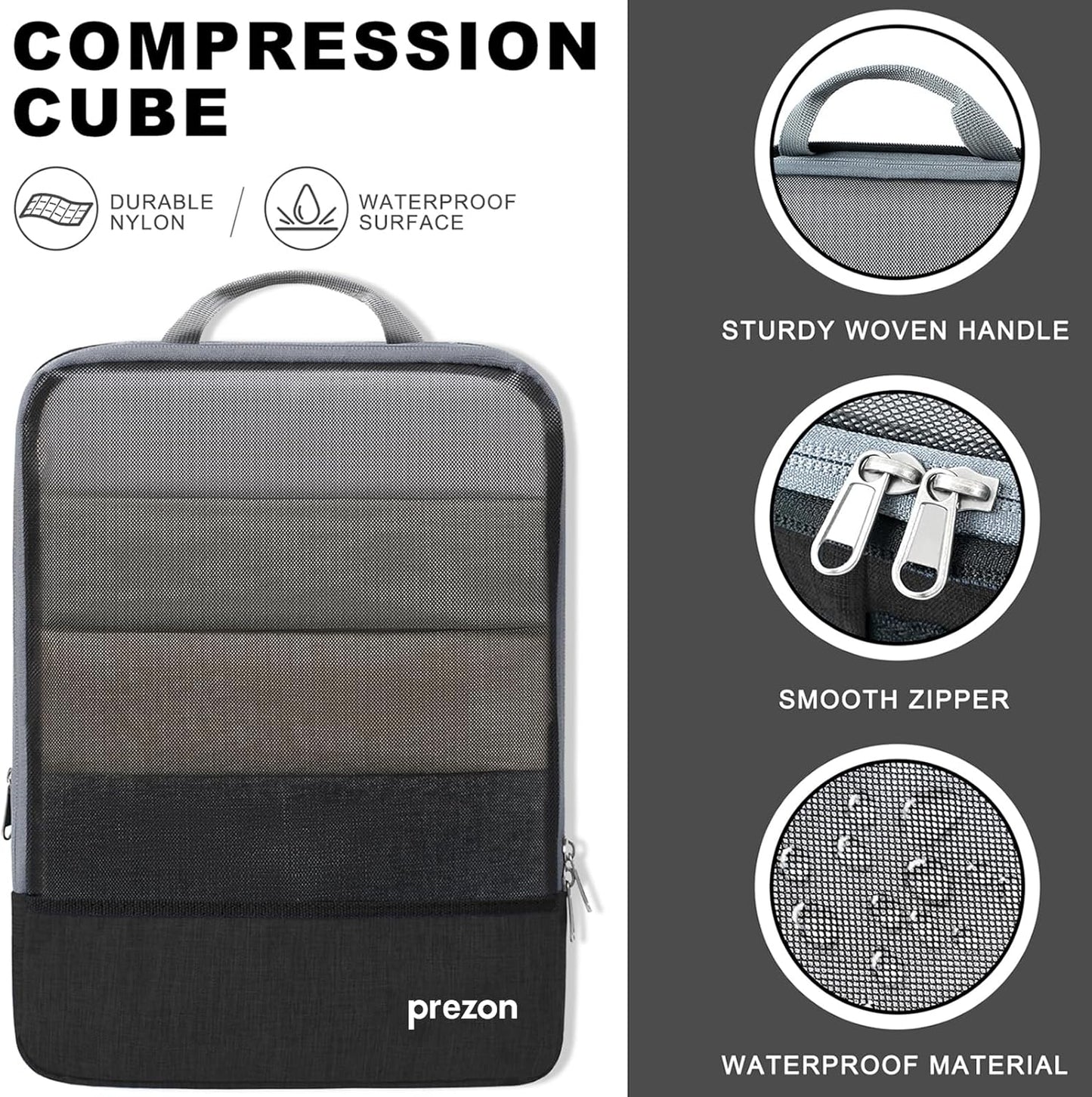 Prezon Compression Packing Cubes with Travel Shoes Bag and Laundry Bag, Luggage Organiser Set, Extensible Suitcase Organiser, Packing Organisers for Suitcases, Travel, Storage(Black, 4 Set)