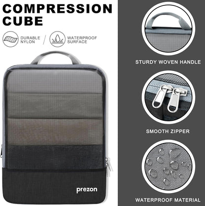 Prezon Compression Packing Cubes with Travel Shoes Bag and Laundry Bag, Luggage Organiser Set, Extensible Suitcase Organiser, Packing Organisers for Suitcases, Travel, Storage(Black, 4 Set)
