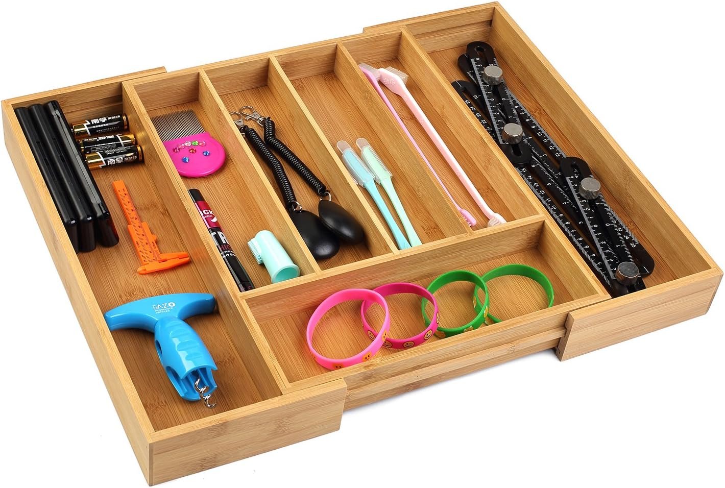 SafeHouseware Bamboo Expandable Cutlery Organizer Tray: Holds Silverware, Flatware, Utensils, Cutlery, Accessories or Gadgets Size:11.5" - 18" W X 15"d X 2" H