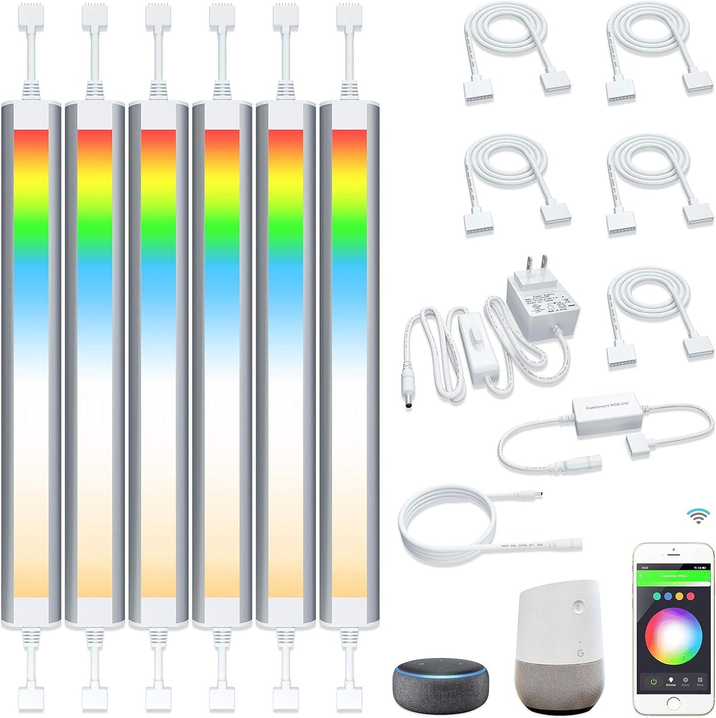 Smart Under Cabinet Lighting Works with Alexa,Google Assistant,Under Counter Light for Kitchen Plug In,RGB Color Changing & White Dimmable,Smart APP,Remote Control Cabinet LED Lights Bar,Linkable,6pcs