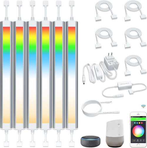 Smart Under Cabinet Lighting Works with Alexa,Google Assistant,Under Counter Light for Kitchen Plug In,RGB Color Changing & White Dimmable,Smart APP,Remote Control Cabinet LED Lights Bar,Linkable,6pcs