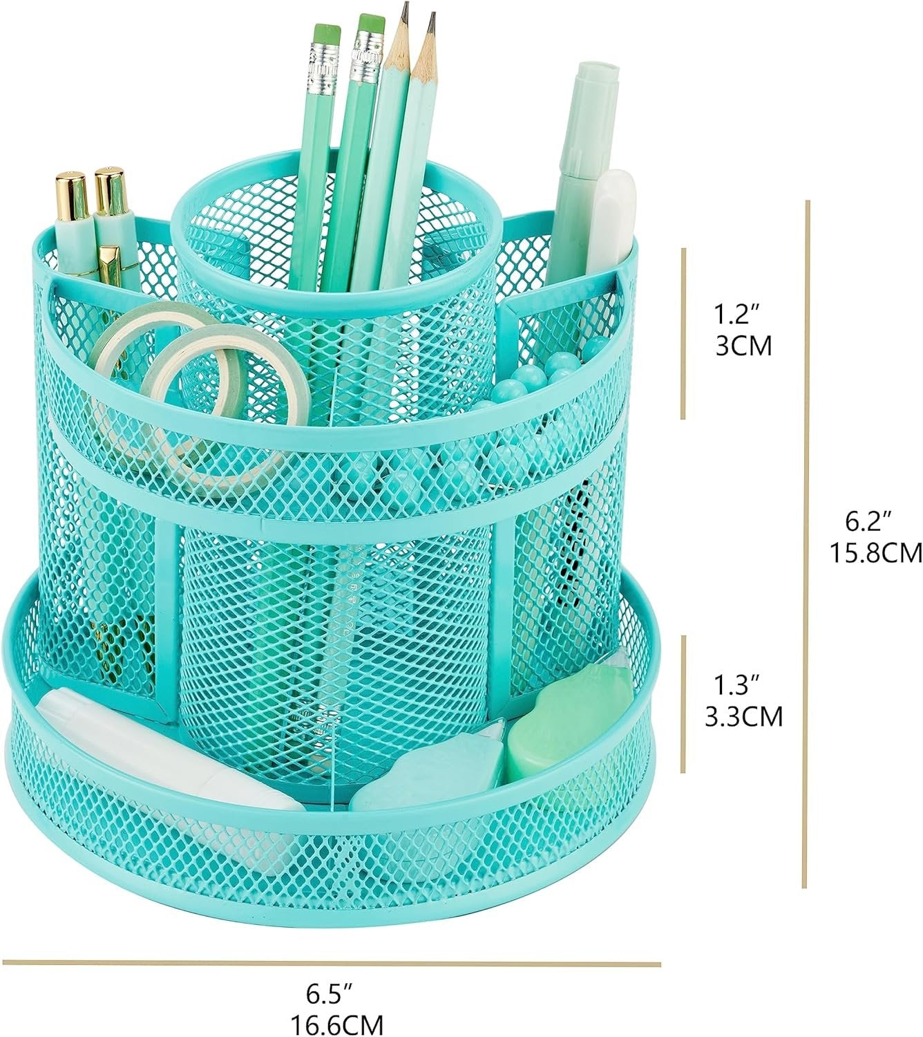 Annova Mesh Desk Organizer Rotate with 6 Compartments Round Spinning Tidy Candy/Pen Holder Desk Accessories Office, Art Supply, Storage, Classroom, Home (Turquoise)