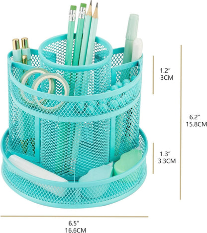 Annova Mesh Desk Organizer Rotate with 6 Compartments Round Spinning Tidy Candy/Pen Holder Desk Accessories Office, Art Supply, Storage, Classroom, Home (Turquoise)