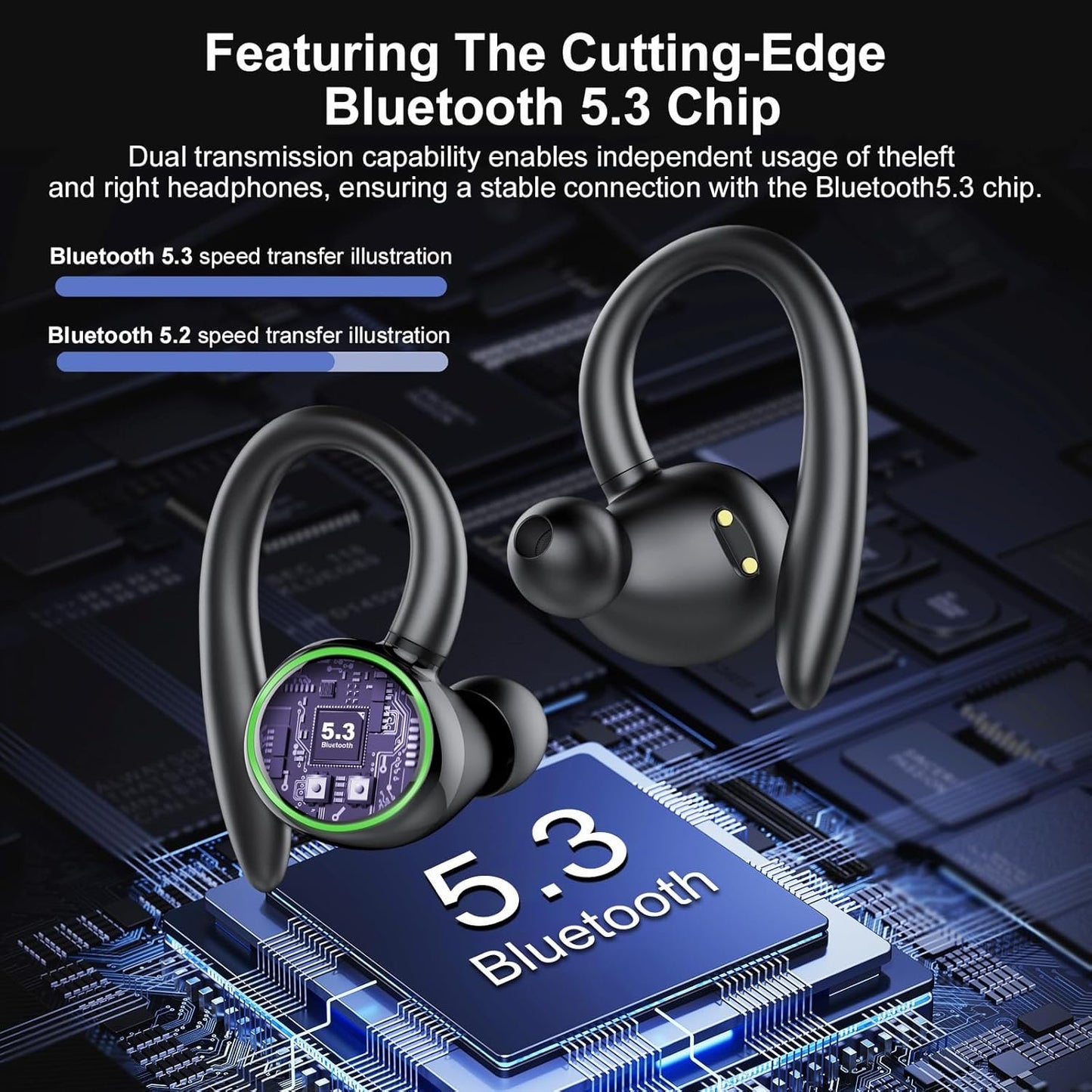 Wireless Earbuds, Bluetooth 5.3 Headphones Sport, Bluetooth Earbuds with Noise Canceling Mic, 48H Stereo Wireless Headphones IP7 Waterproof Ear Buds, Earphones with Earhooks for Sports/Workout/Running