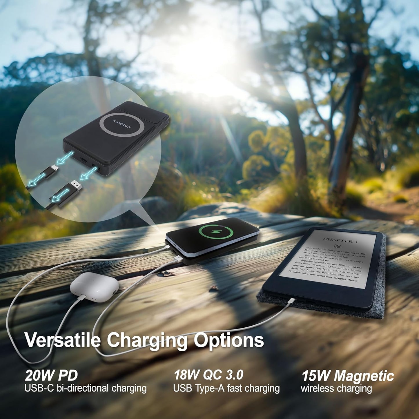 innowa 2-in-1 Solar Charger Power Bank, 9W High Efficiency Detachable Solar Panel, 10000mAh Portable Battery Pack, 15W Wireless, 20W PD, 18W QC3.0 Fast Charging, Dual USB for Hiking