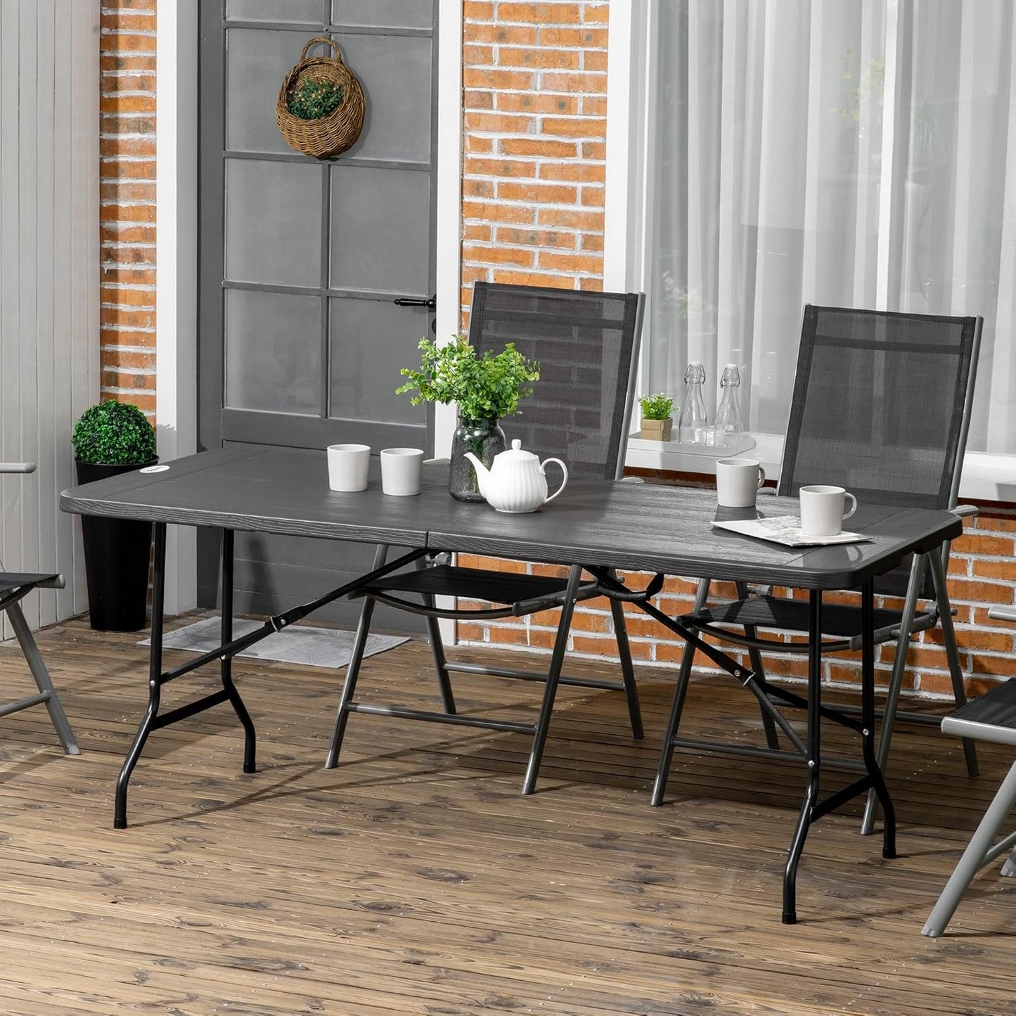 Outsunny 6 FT Folding Outdoor Dining Table for 6, Rectangular Foldable Patio Table with HDPE Tabletop and Steel Frame, Dark Grey