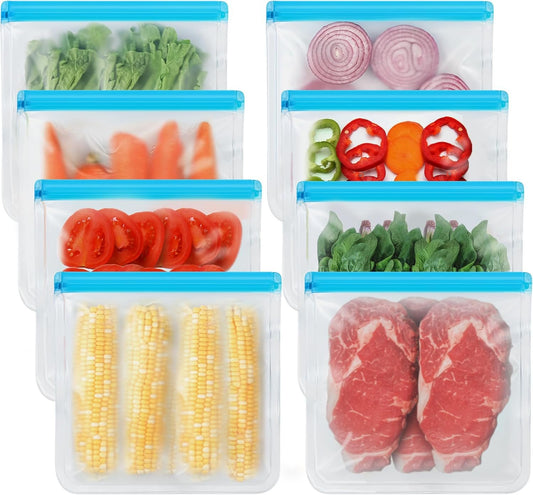 8 Pack Gallon Freezer Bags, Reusable Bags Silicone Bags Food Storage Bags, Large Bags Gallon, Lunch Home Fridge Kitchen Organization and Storage Meal Prep Freezer Containers