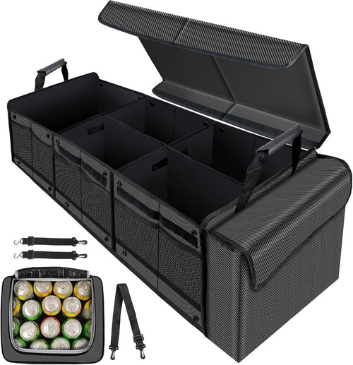 Car Trunk organiser with Portable Leakproof Cooler Bag, Organiser with Lid,Adjustable Securing Straps, car interior organiserer for Car accessories,SUV,Truck,Tesla model y(4-in-1 with Cooler)