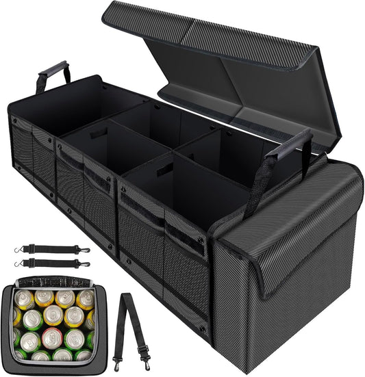 Car Trunk organiser with Portable Leakproof Cooler Bag, Organiser with Lid,Adjustable Securing Straps, car interior organiserer for Car accessories,SUV,Truck,Tesla model y(4-in-1 with Cooler)