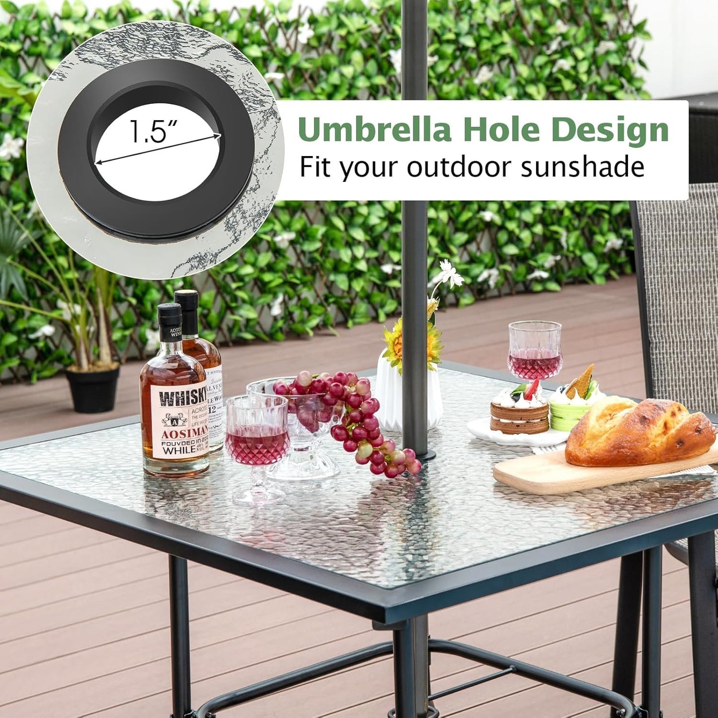 HAPPYGRILL Patio Square Dining Table 35" x 35", Outdoor Dining Table with Tempered Glass Tabletop & 1.5" Umbrella Hole, Metal Bistro Table for Garden Backyard and Porch
