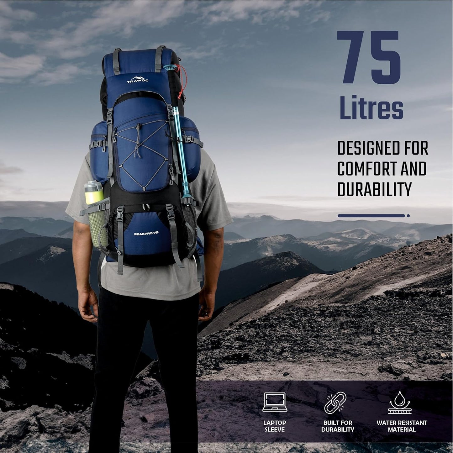 TRAWOC PEAKPRO 75 Liter Travel Backpack for Hiking Trekking Bag Camping Rucksack with Laptop Compartment/Rain Cover/Shoe Compartment