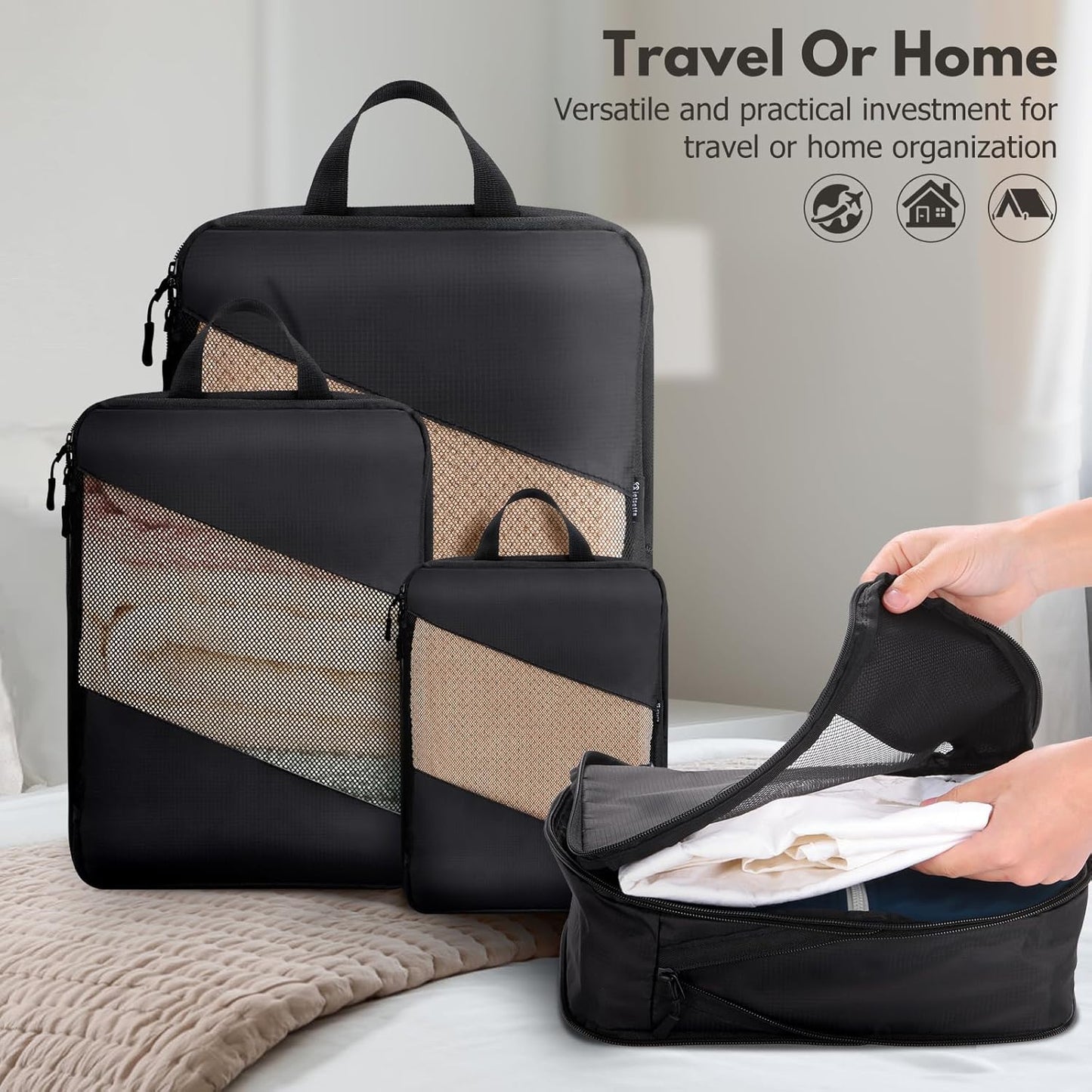 Jetsetta Extra Large Compression Packing Cubes with see through Mesh, Expandable Suitcase and Luggage travel packing cubes set for Travel Accessories（Black 4 Set)