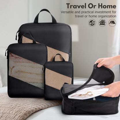 Jetsetta Extra Large Compression Packing Cubes with see through Mesh, Expandable Suitcase and Luggage travel packing cubes set for Travel Accessories（Black 4 Set)