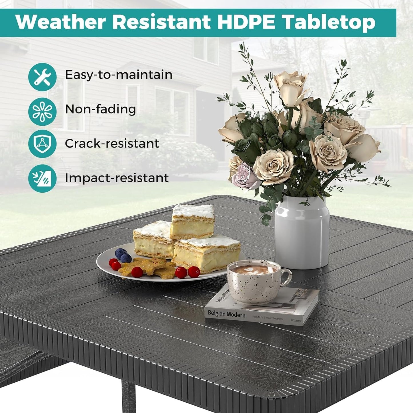 Giantex Picnic Table Bench Set for 4-8 People, 34" Outdoor Square Dining Table & 2 Benches w/Umbrella Hole, HDPE Tabletop, Metal Frame, Patio Camping Furniture for Backyard Porch Lawn (Black,Square)