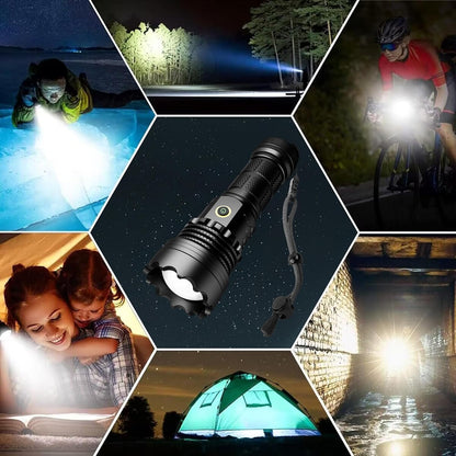 ASORT LED Torch Rechargeable Flashlight with High Lumens, 30000 Lumen Super Bright Torch, Powerful Zoomable IP67 Waterproof, Powerful Handheld Tactical Flashlight for Emergency Camping Hiking Gift