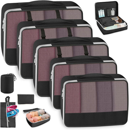 MUUKAIII Organizer Suitcases Set of 10, Travel Cube Packing Cubes, Cosmetics, Clothing, Underwear Footwear Organizers, Storage Bag Set – Black