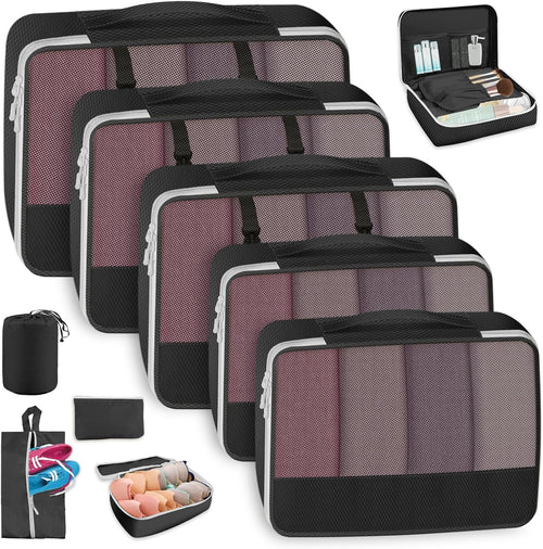 MUUKAIII Organizer Suitcases Set of 10, Travel Cube Packing Cubes, Cosmetics, Clothing, Underwear Footwear Organizers, Storage Bag Set – Black