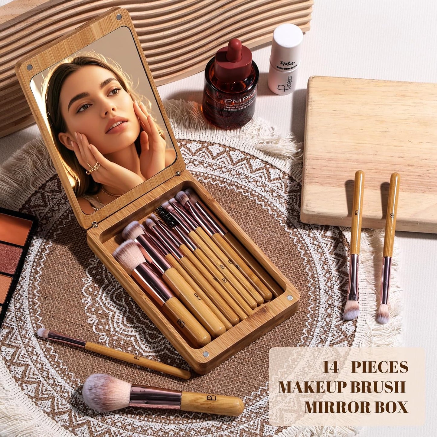 BS-MALL Travel Makeup Brush Set Bamboo Brushes Foundation Powder Concealers Eye Shadows Makeup Set with Mirror Case 14 Pcs