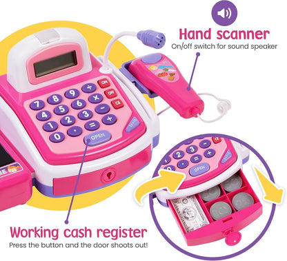 Prextex Pretend Play Store Electronic Toy Cash Register for Kids - STEM Toy with Mic Speaker and Play Money Included