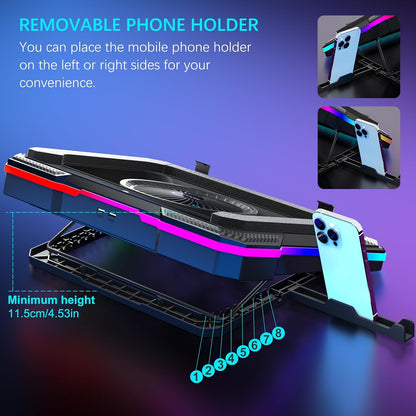 Laptop Cooling Pad Powerful Turbo Fan RGB Gaming Notebook Cooler, Moojay Laptop Fan Cooling Stand with 8 Adjustable Heights and Phone Holder, for 14-19 Inch Laptops - Ice Blue LED Light