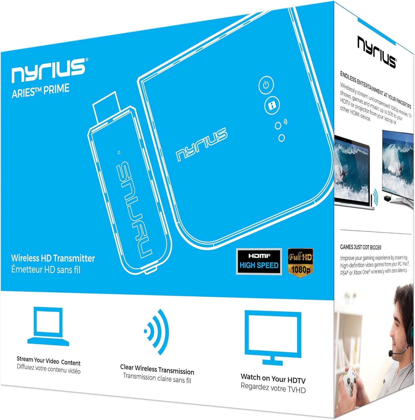 Nyrius Aries Prime Digital Wireless HDMI Transmitter & Receiver System for HD 1080p 3D Video Streaming, Laptops, PC, Cablebox, Satellite, Blu-ray, DVD, PS3 (NPCS549) - HDMI to Micro HDMI
