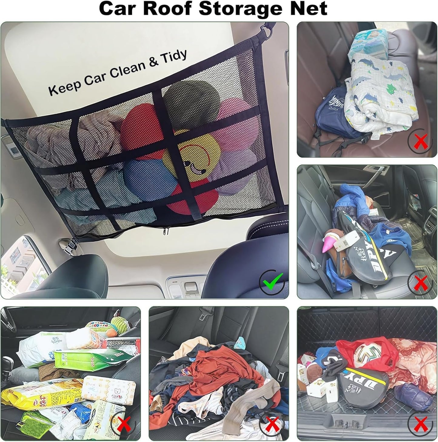 HOZOMT SUV Ceiling Cargo Net, Trunk Organizer, Car Roof Storage, Truck Netting, Van Interior Accessories, Double-Layer Mesh Camping Essentials