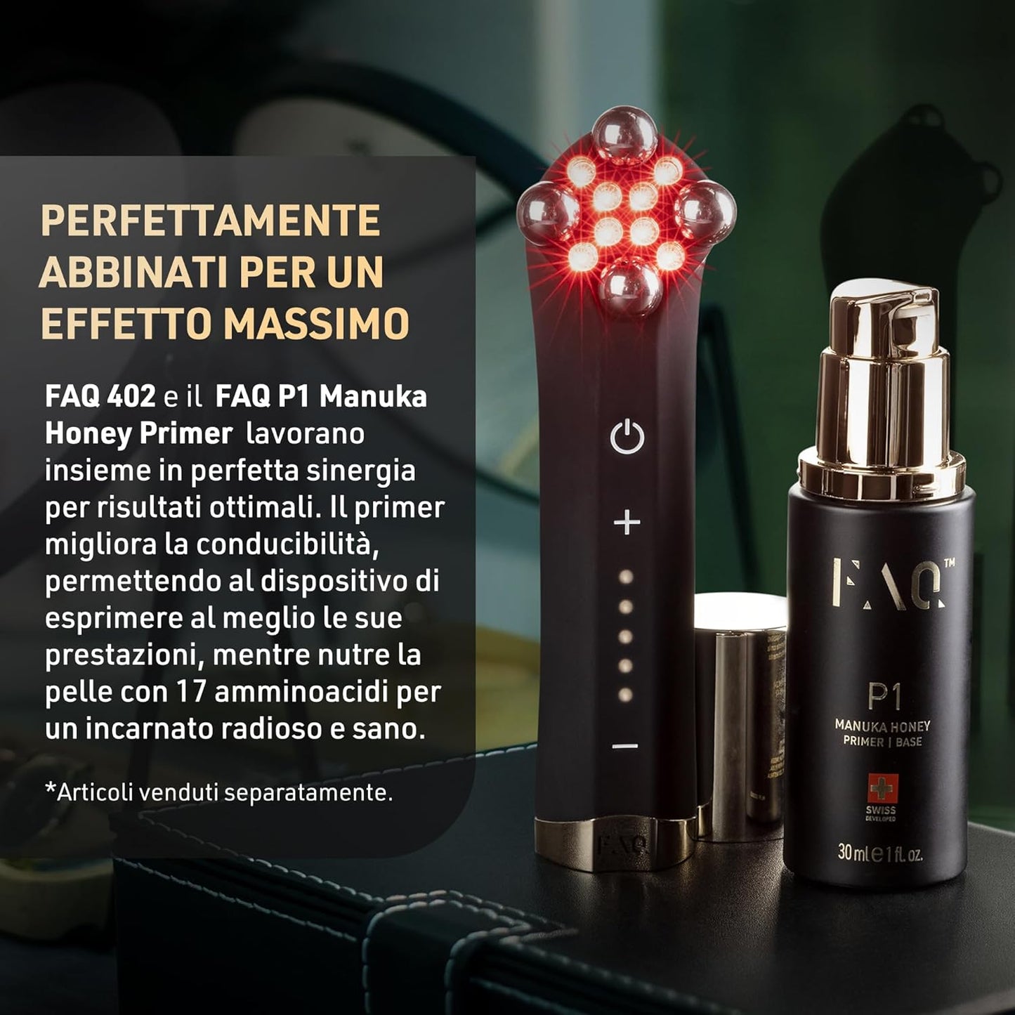 FAQ 402 Dual Microcurrent Face Lifting Device - Gua sha Inspired Facelift Massager with Red, Blue and Infrared LED for Firming and Contouring Face with Pulsed Light